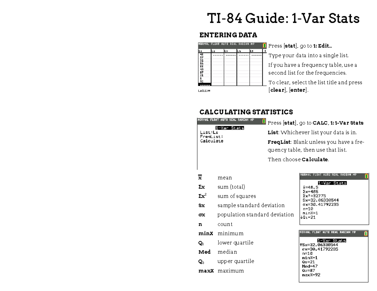 Calculator 1var guide TI84 Guide 1Var Stats ENTERING DATA Press