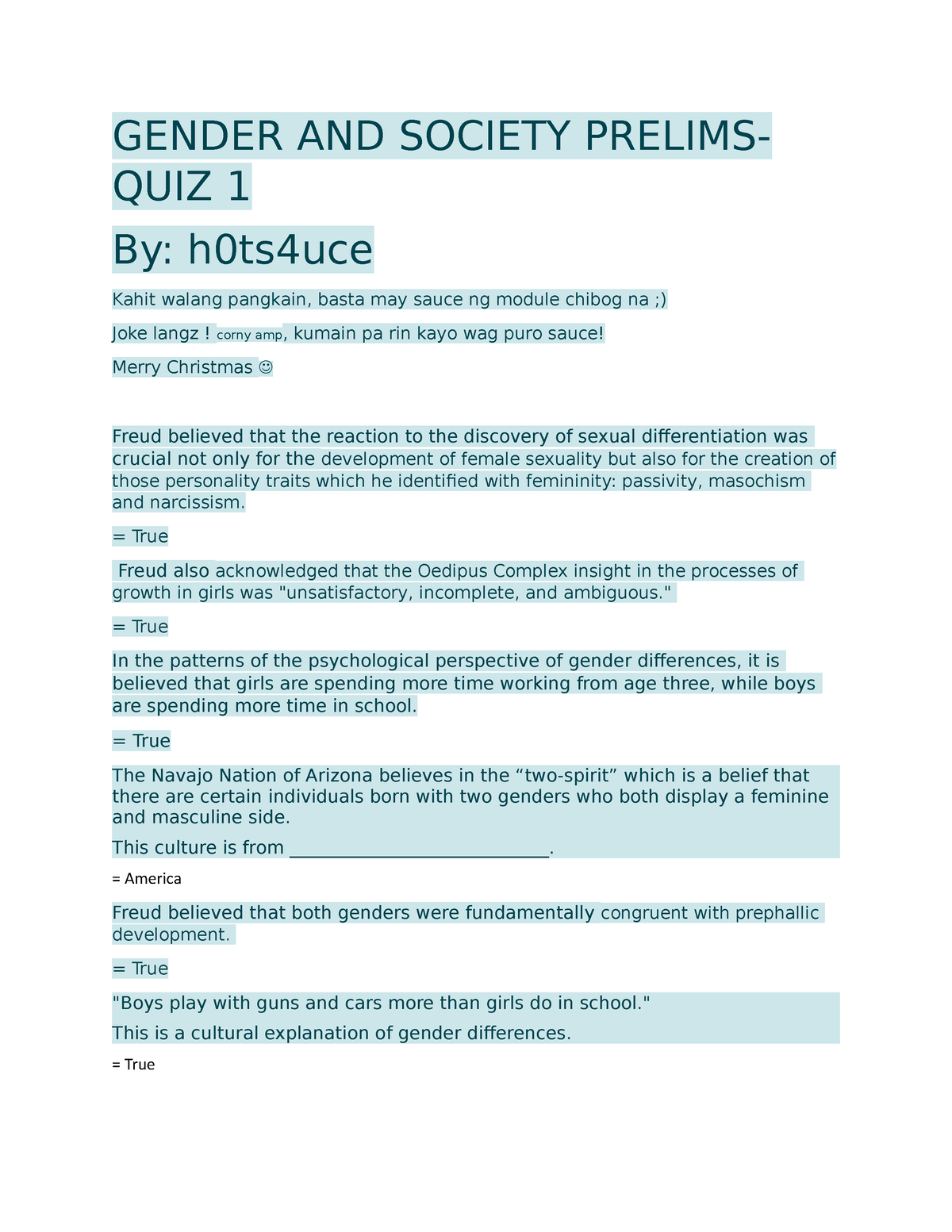 Gender And Society Quiz 2 - GENDER AND SOCIETY PRELIMS- QUIZ 1 By ...