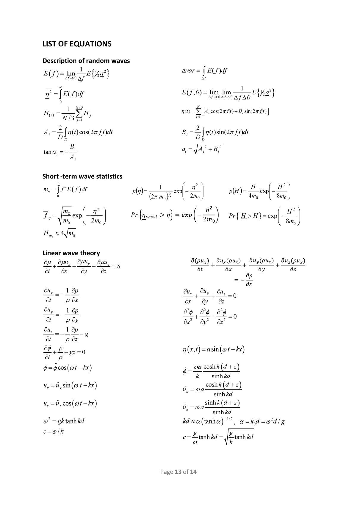 Ocean Waves - Formula Sheet - LIST OF EQUATIONS Description of random ...