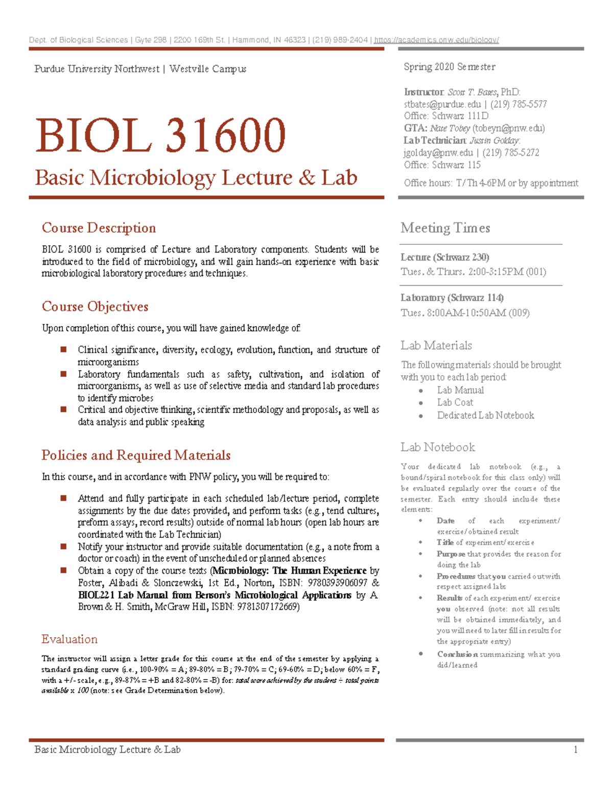 2020 Spring Syllabus BIOL31600 - Purdue University Northwest ...
