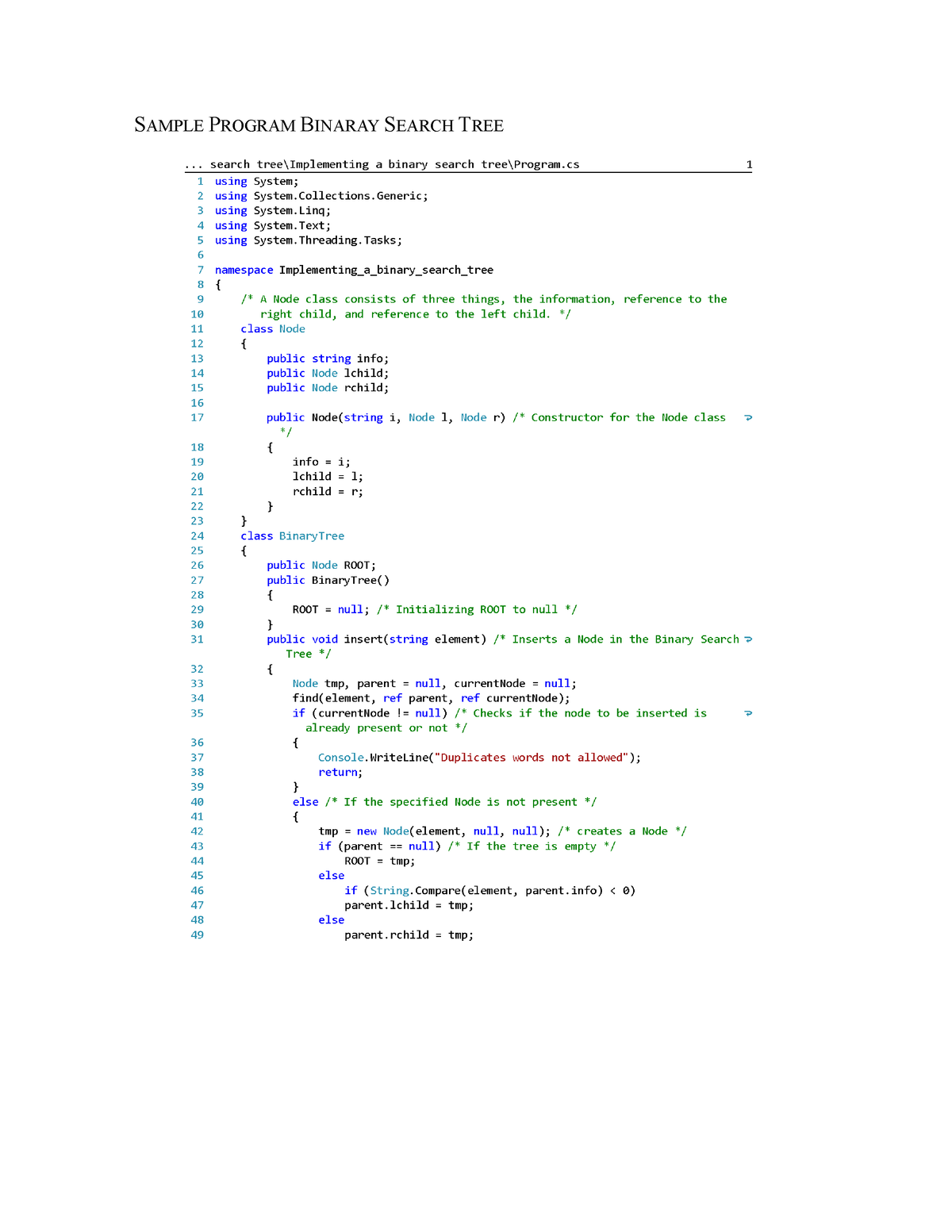 Sample Program - SAMPLE PROGRAM BINARAY SEARCH TREE - Studocu