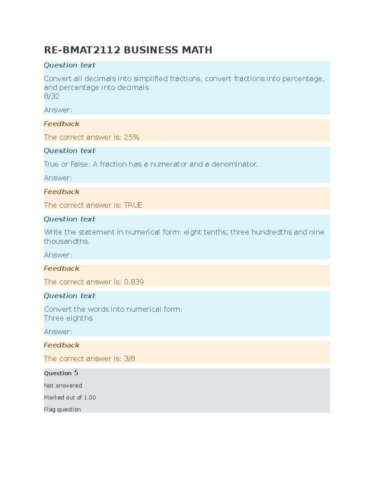 Bmath Remedial - RE-BMAT2112 BUSINESS MATH Question Text Convert All ...