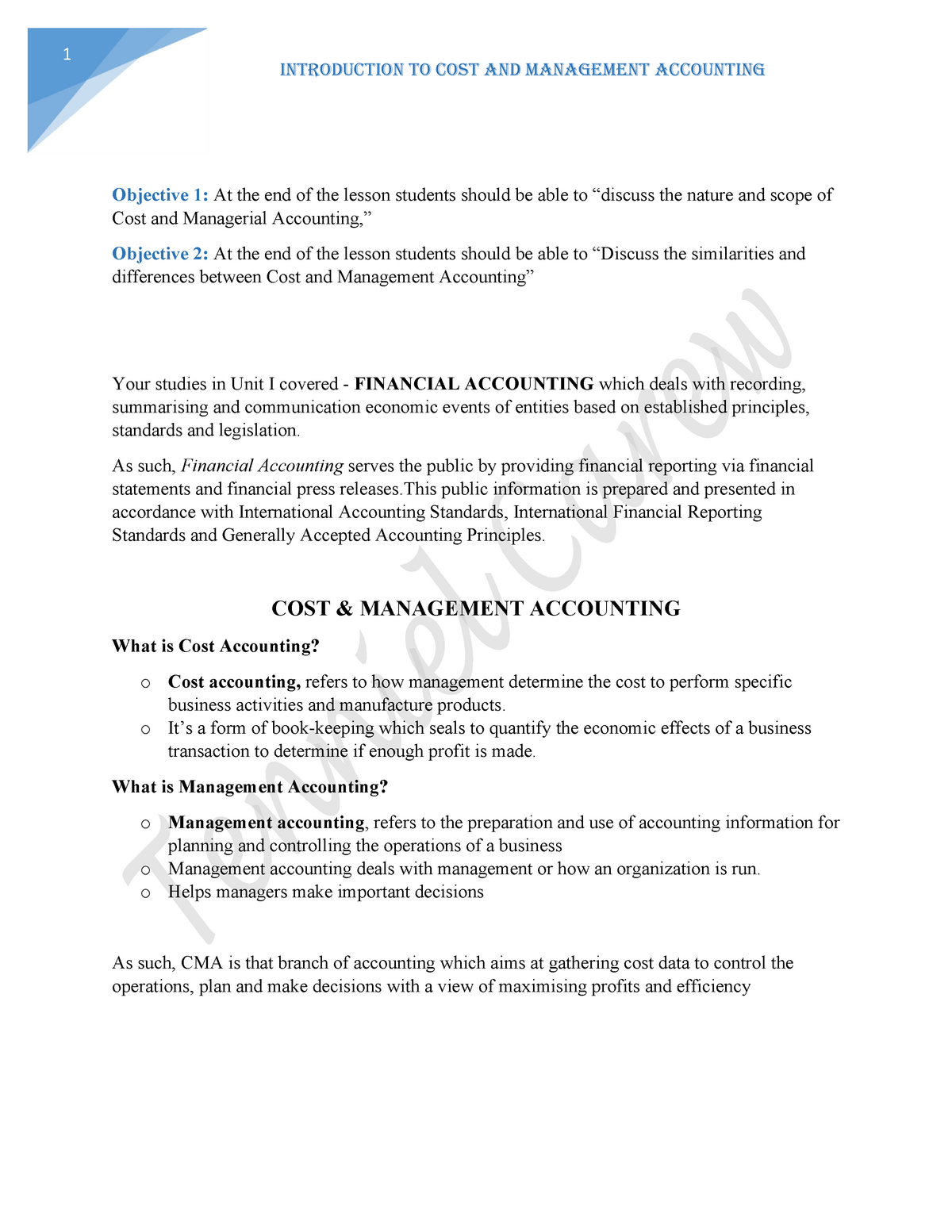 Lesson 1-Introduction To Cost And Management Accounting - Introduction ...