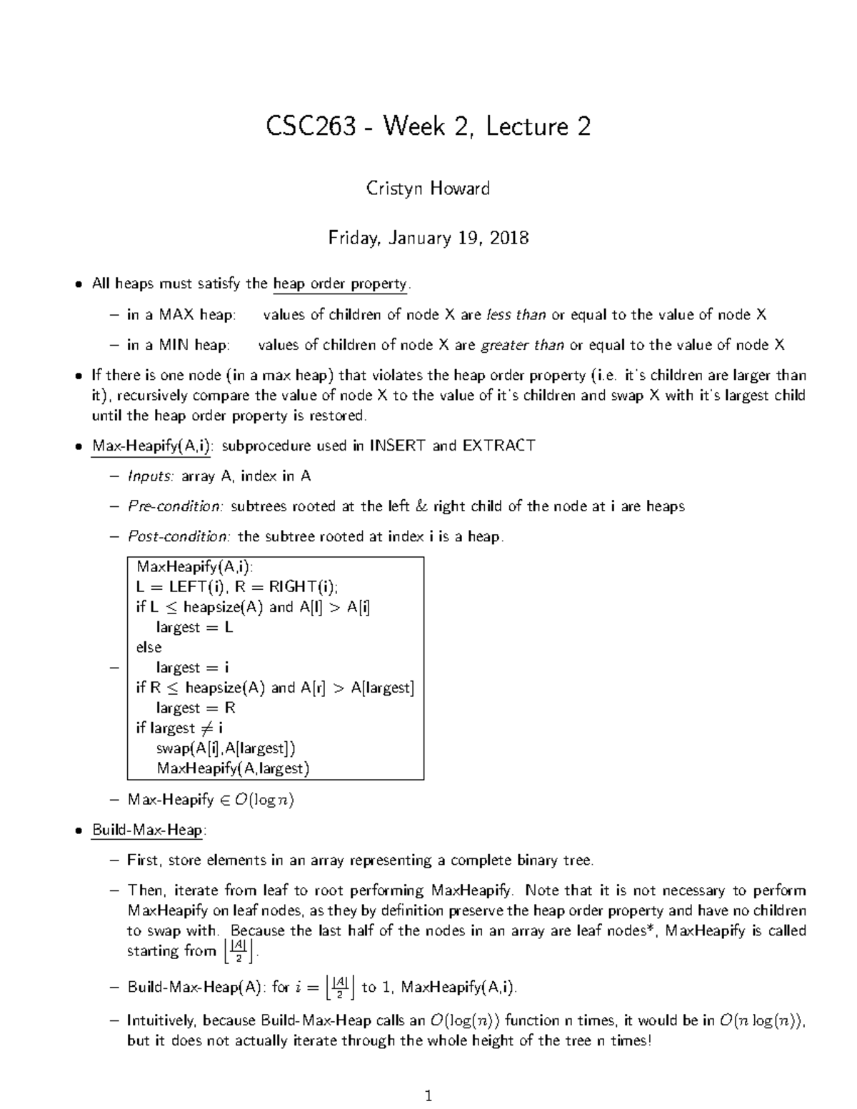 Lectures Notes for 01-19-2020 - CSC263 - Week 2, Lecture 2 Cristyn ...