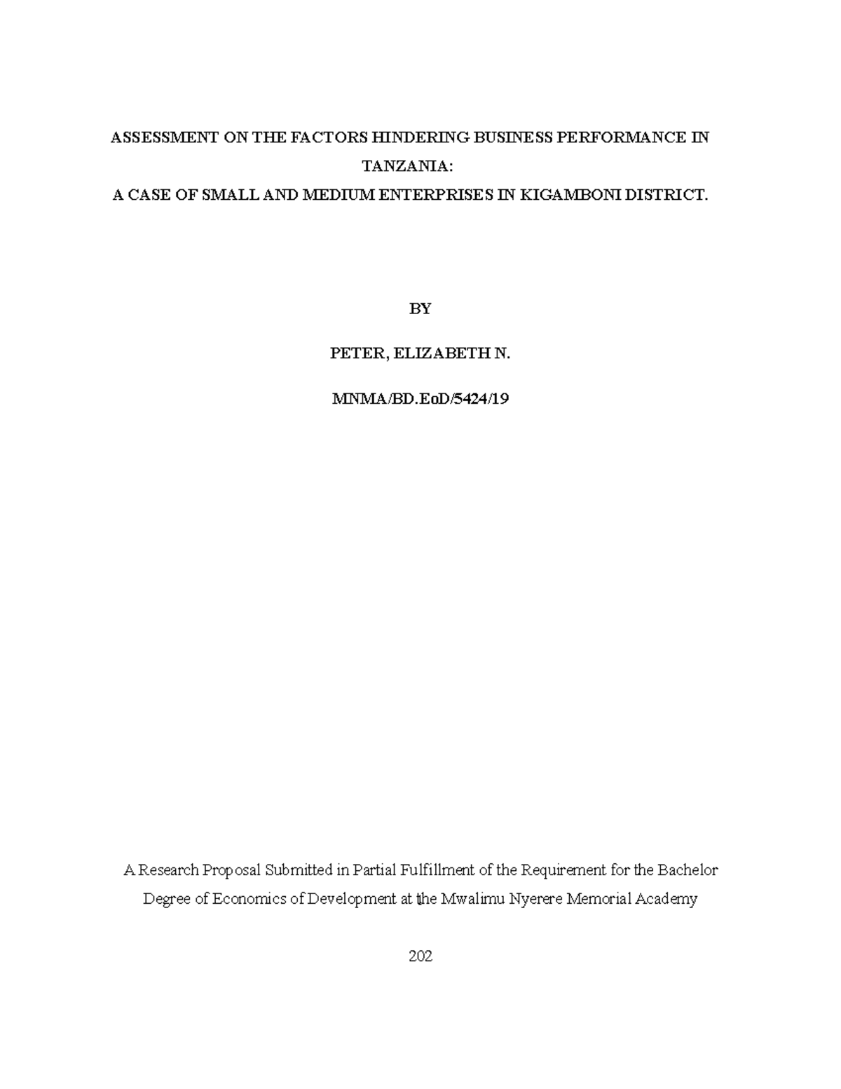 John proposal - 1 ASSESSMENT ON THE FACTORS HINDERING BUSINESS ...