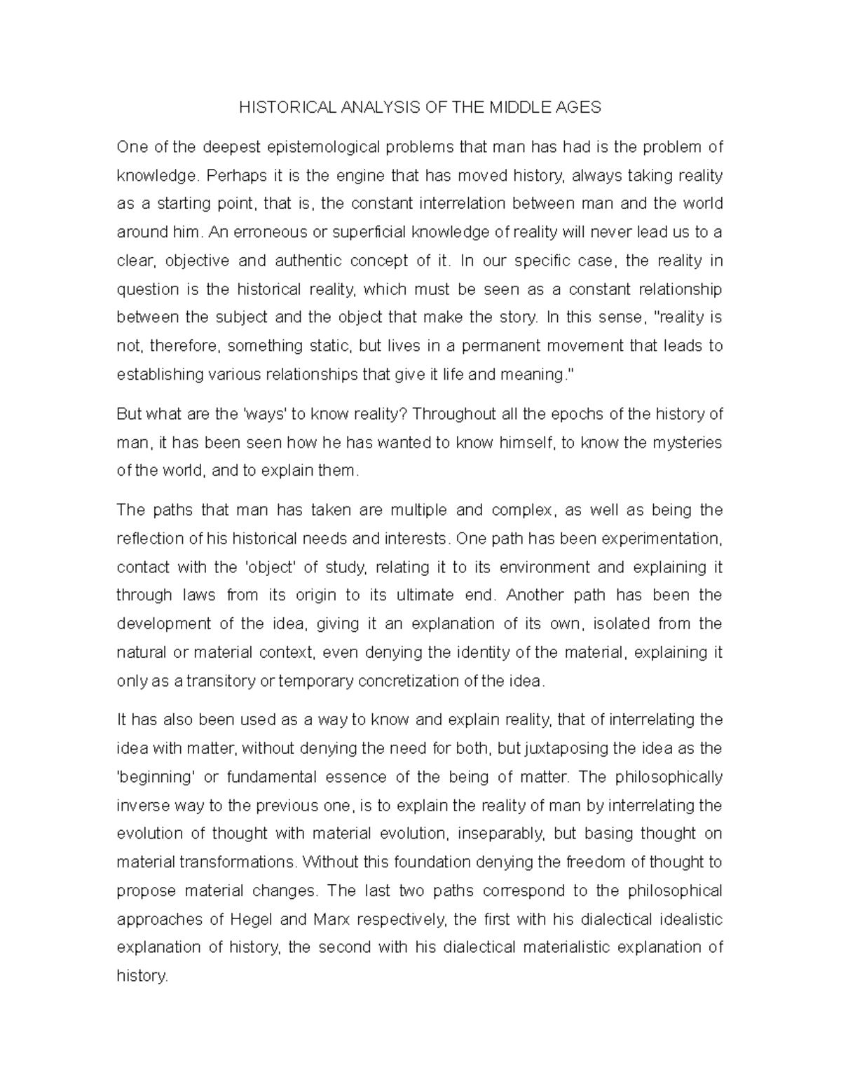 Historical Analysis OF THE Middle AGES - HISTORICAL ANALYSIS OF THE ...