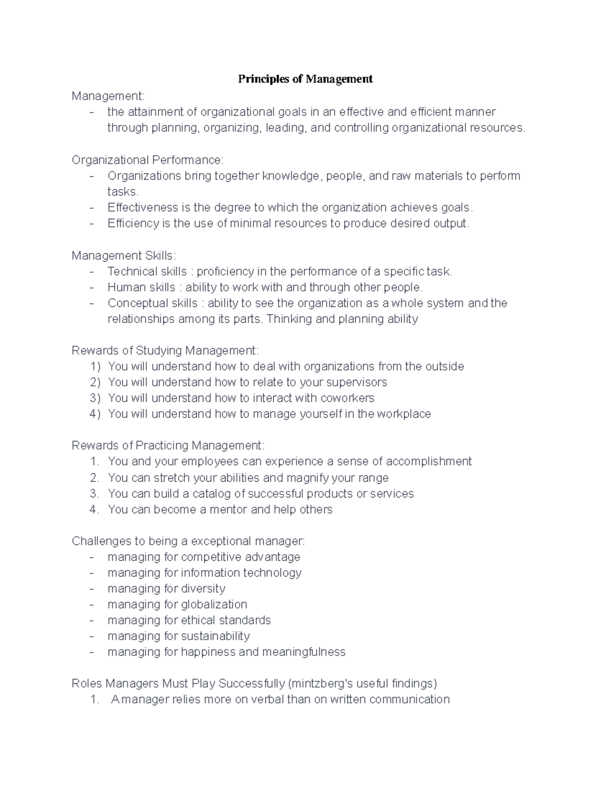 Continue for Chapter 1 - Principles of Management Management: the ...