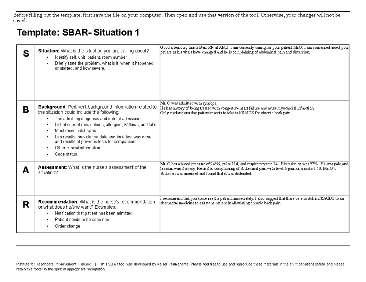 SBAR - important info - Before filling out the template, first save the ...