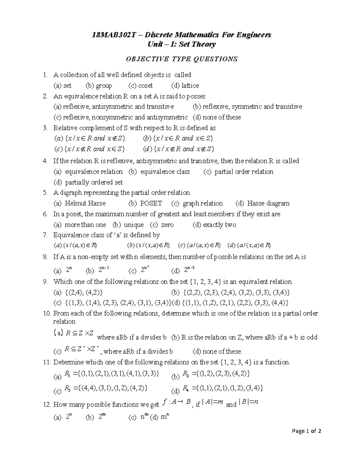 Unit 1 - Notes - 18MAB302T – Discrete Mathematics For Engineers Unit ...