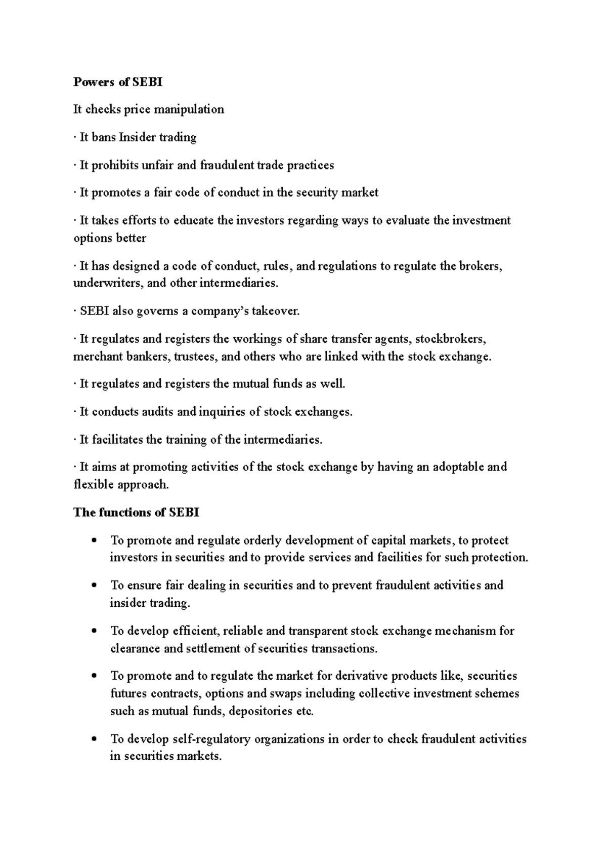 Powers of SEBI - study notes by teachers of UOC - Powers of SEBI It ...
