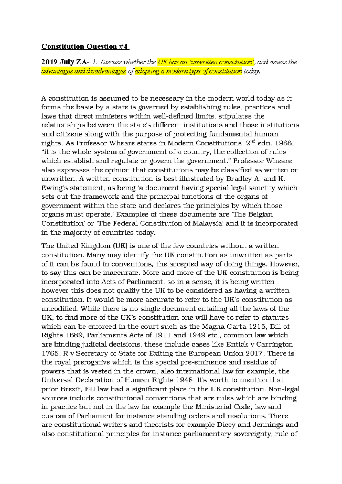 Public Law Essay - Constitution question - Constitution Question 2019 ...