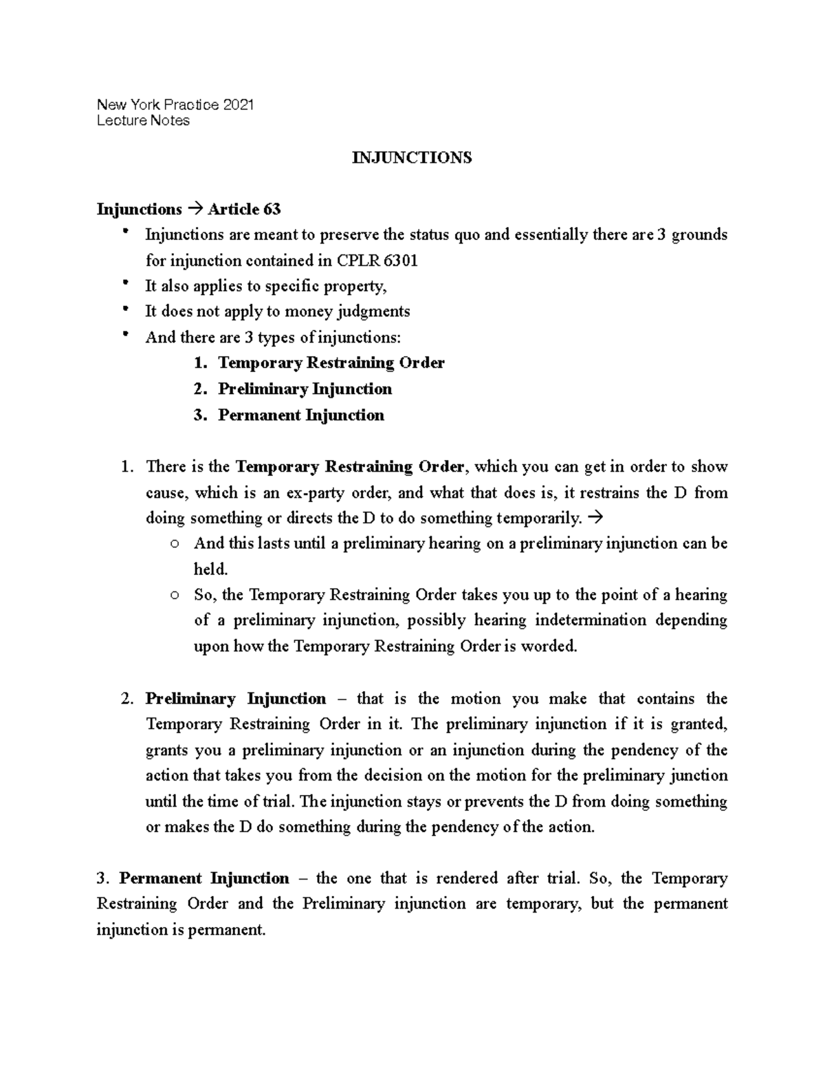 Injunctions - Lecture notes 3 - New York Practice 2021 Lecture Notes ...