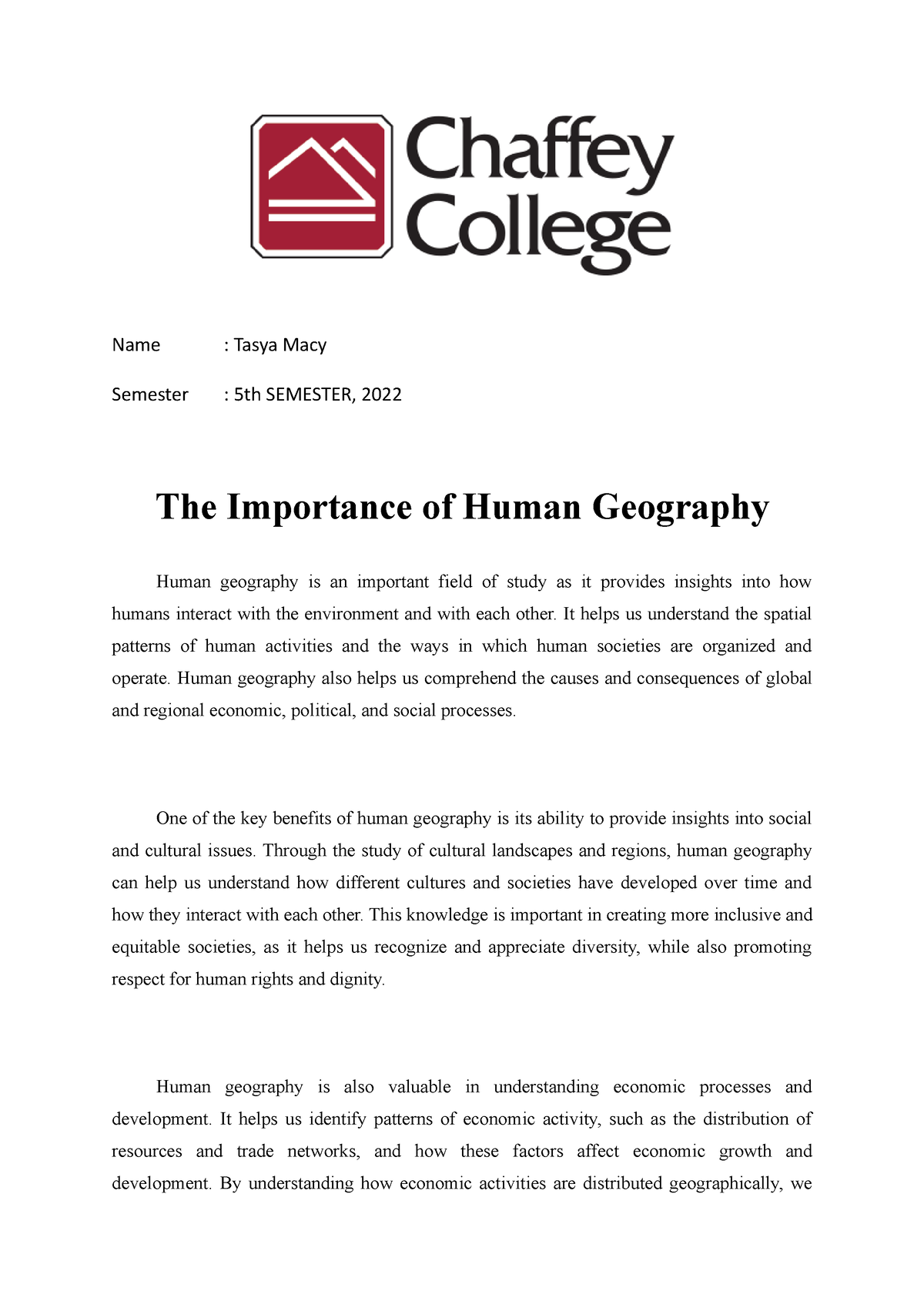 importance of human geography essay