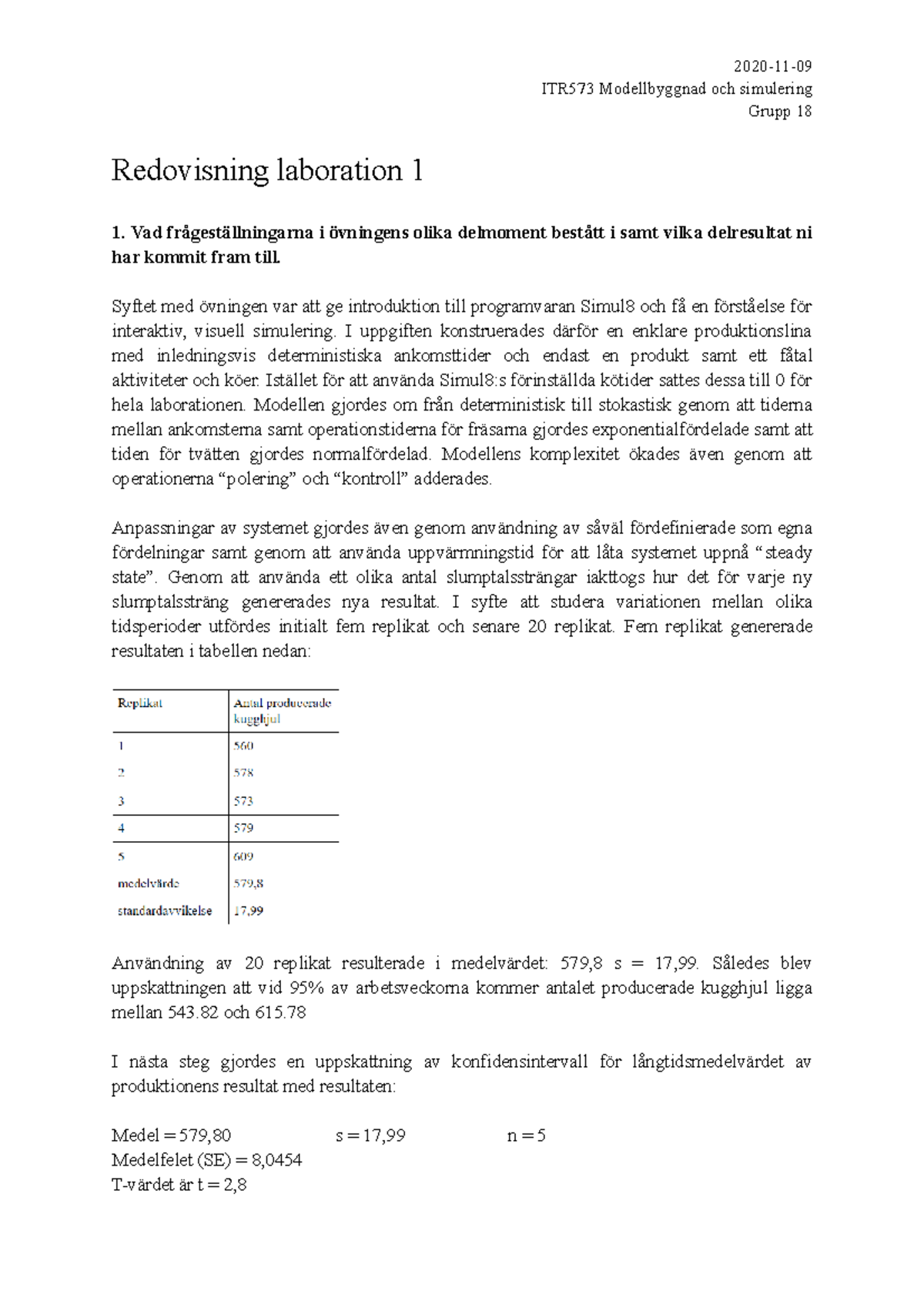 Laboration 1 - Labbrapport - ITR573 Modellbyggnad Och Simulering Grupp ...