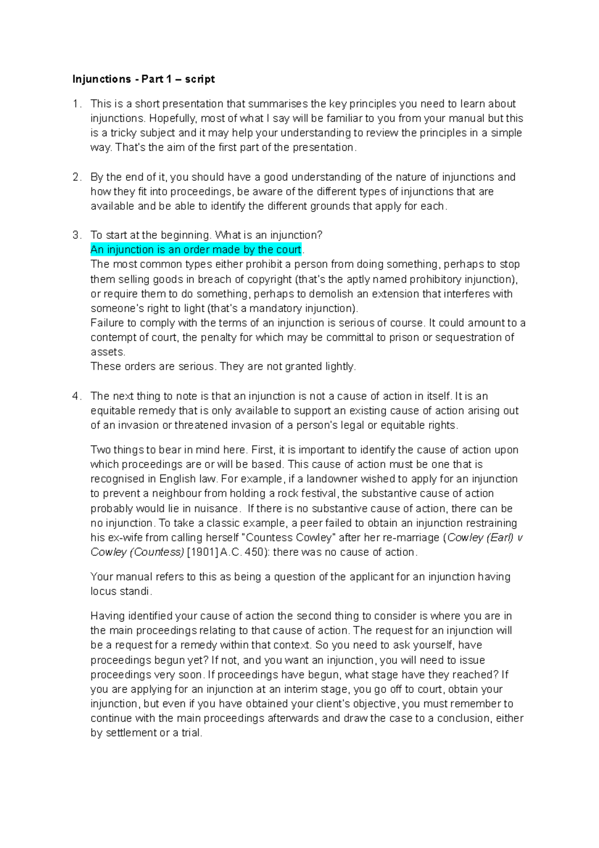 Injunctions - Hopefully, most of what I say will be familiar to you ...