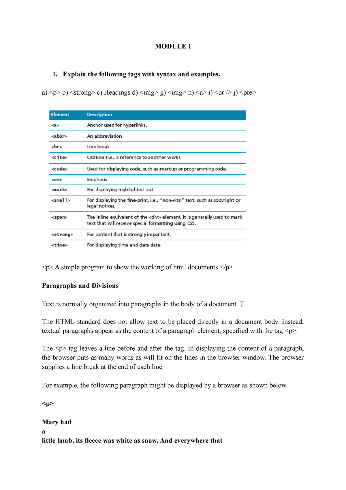 Module 1 - Computer Science - MODULE 1 Explain The Following Tags With ...