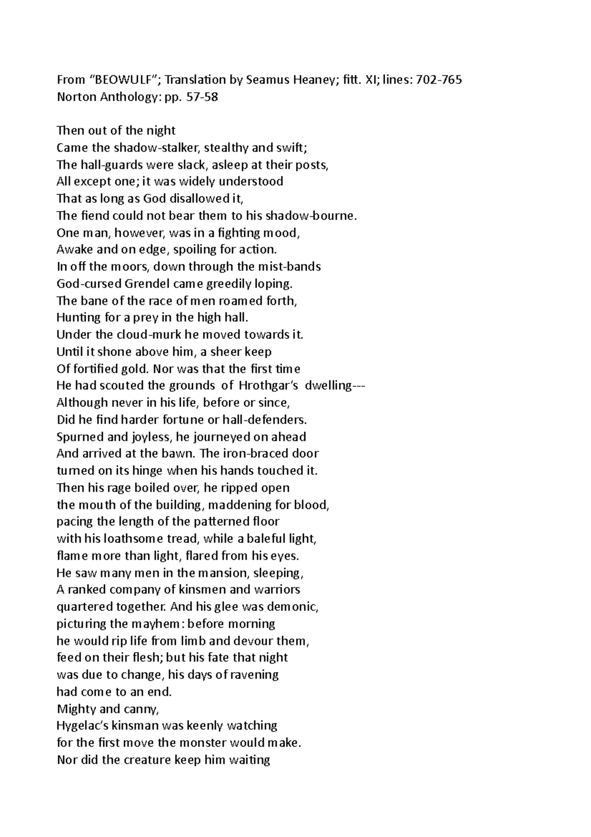 Beowulf Excerpt 2021 Teams - From “BEOWULF”; Translation By Seamus ...