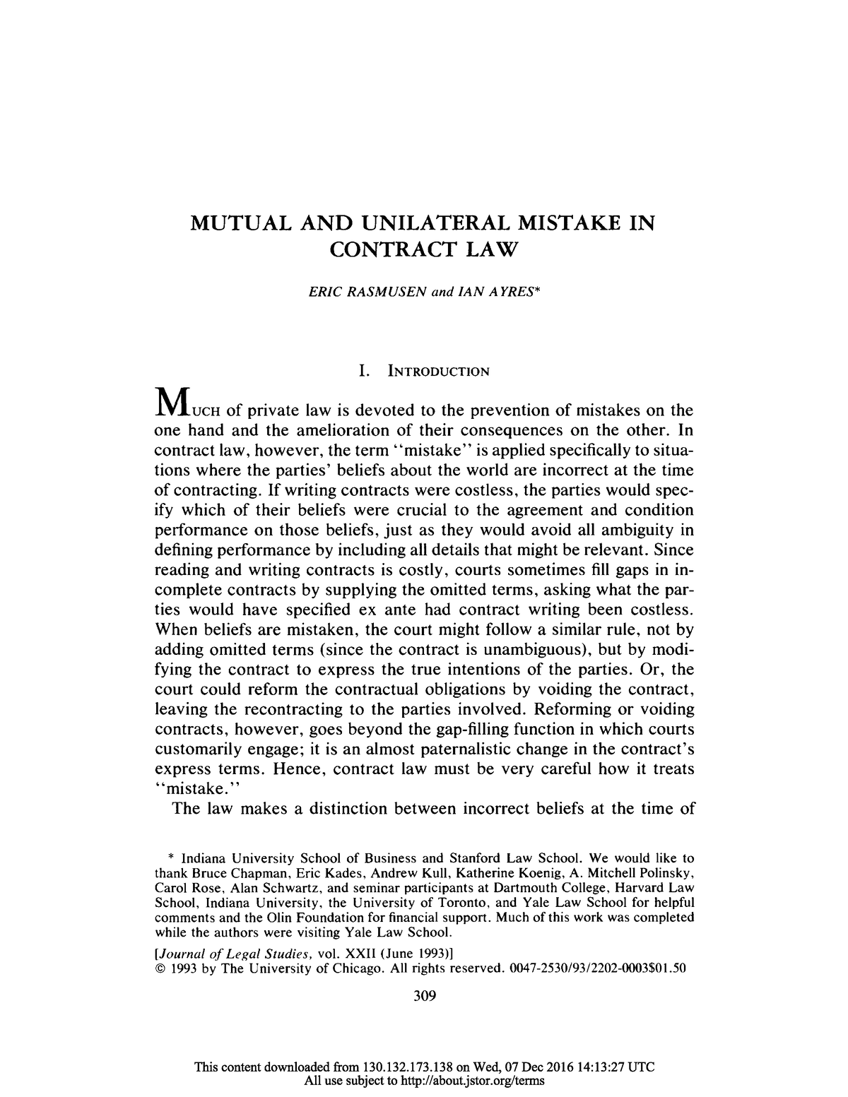 unilateral mistake contract law essay
