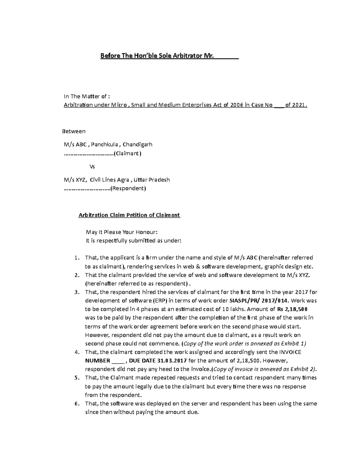 Arbitration Claim Petition Before The Hon’ble Sole Arbitrator Mr