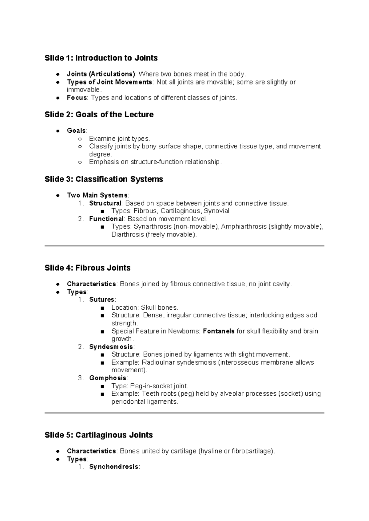 Test 9 Kin 2Y03 - notes - Slide 1: Introduction to Joints Joints ...