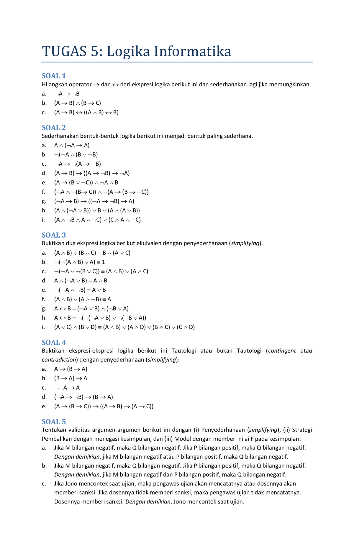 Tugas 5 Logika Informatika - TUGAS 5: Logika Informatika SOAL 1 ...