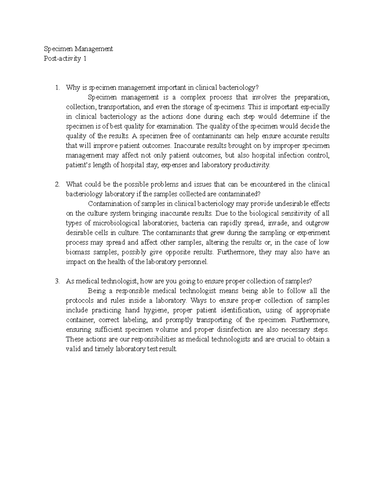 Specimen Management Specimen Management Postactivity 1 Why is