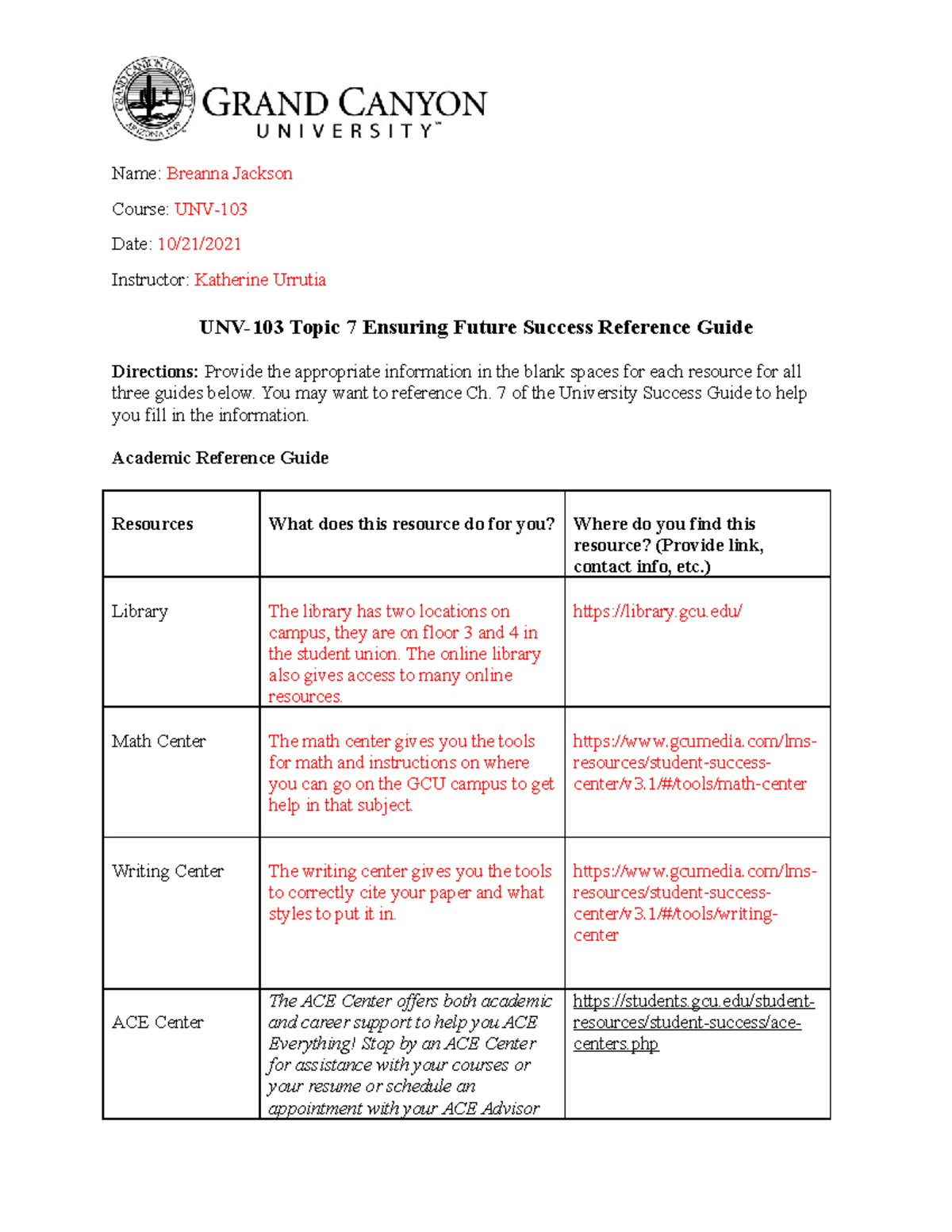 Unv 103 Reference Guide Name Breanna Jackson Course Unv Date 10