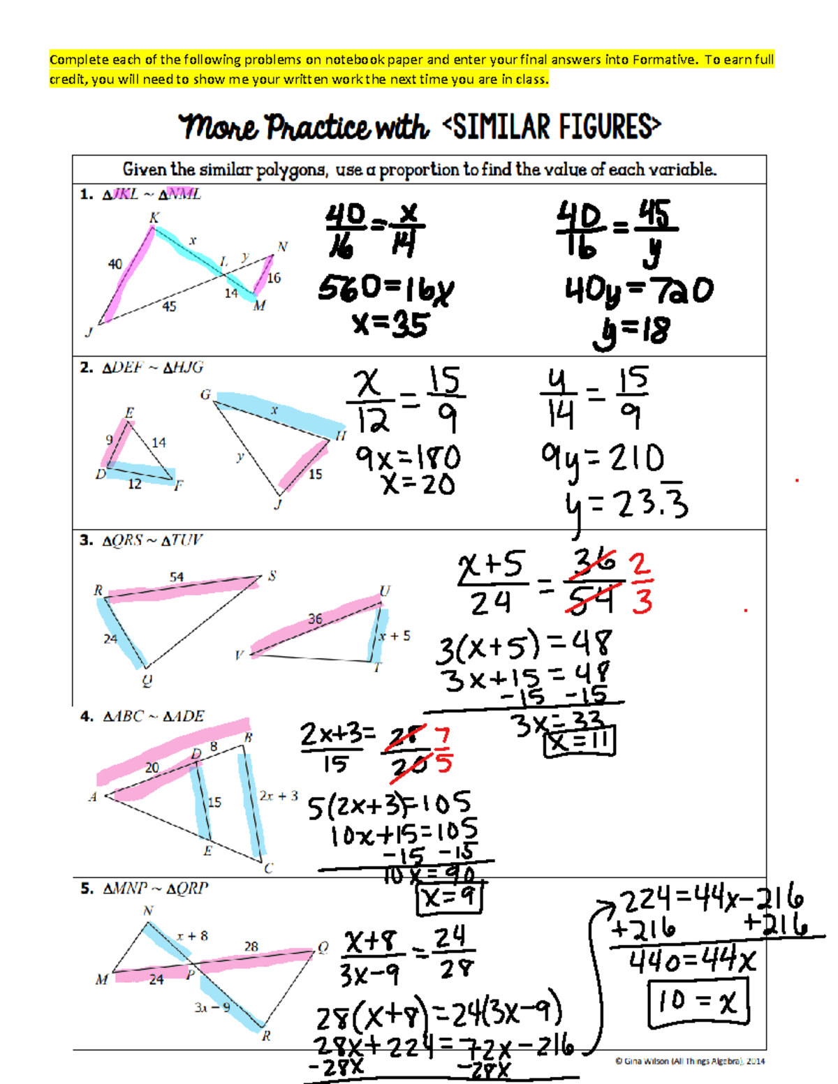 Day 2 More Practice With Similar Figures Jan 31 KEY Complete Each Of The Following Problems 