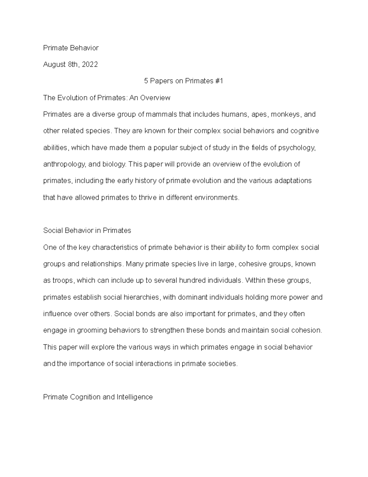 Untitled document - Primates are a diverse group of mammals that