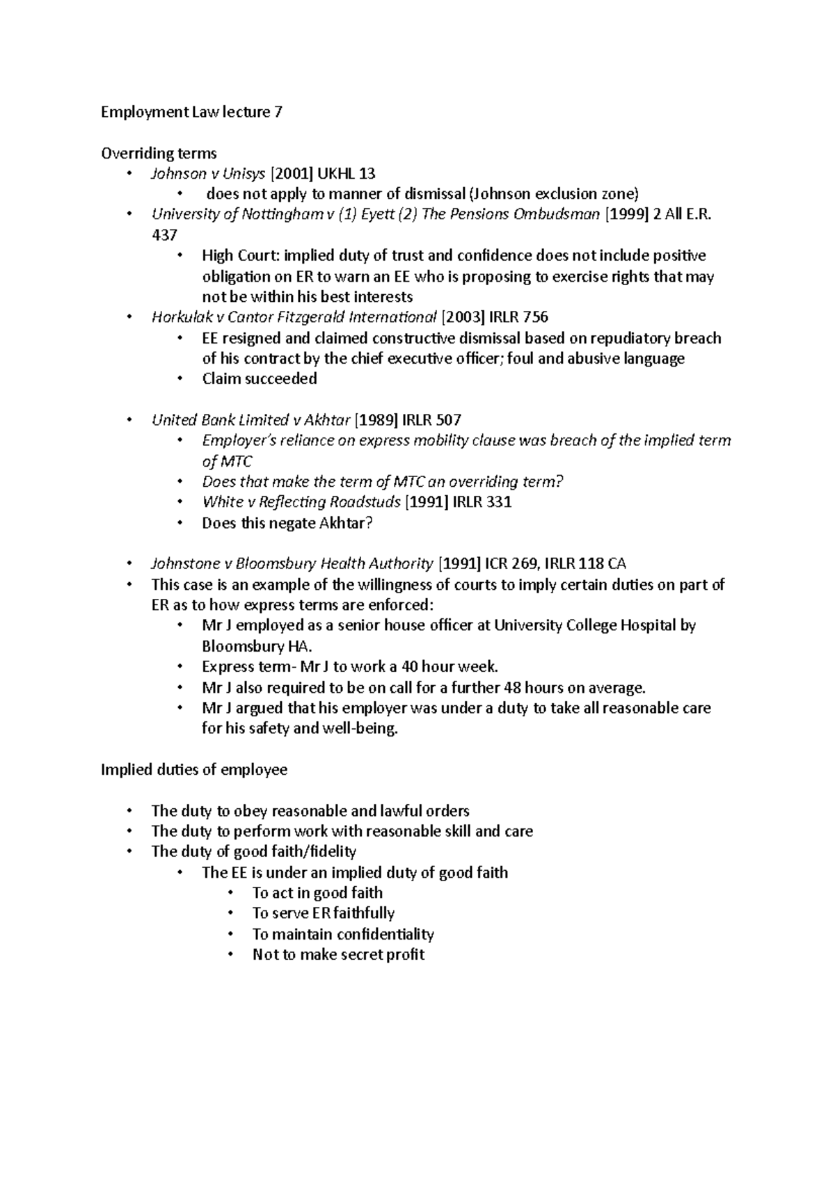 Employment Law Lecture 7 437 High Court Implied Duty Of Trust And
