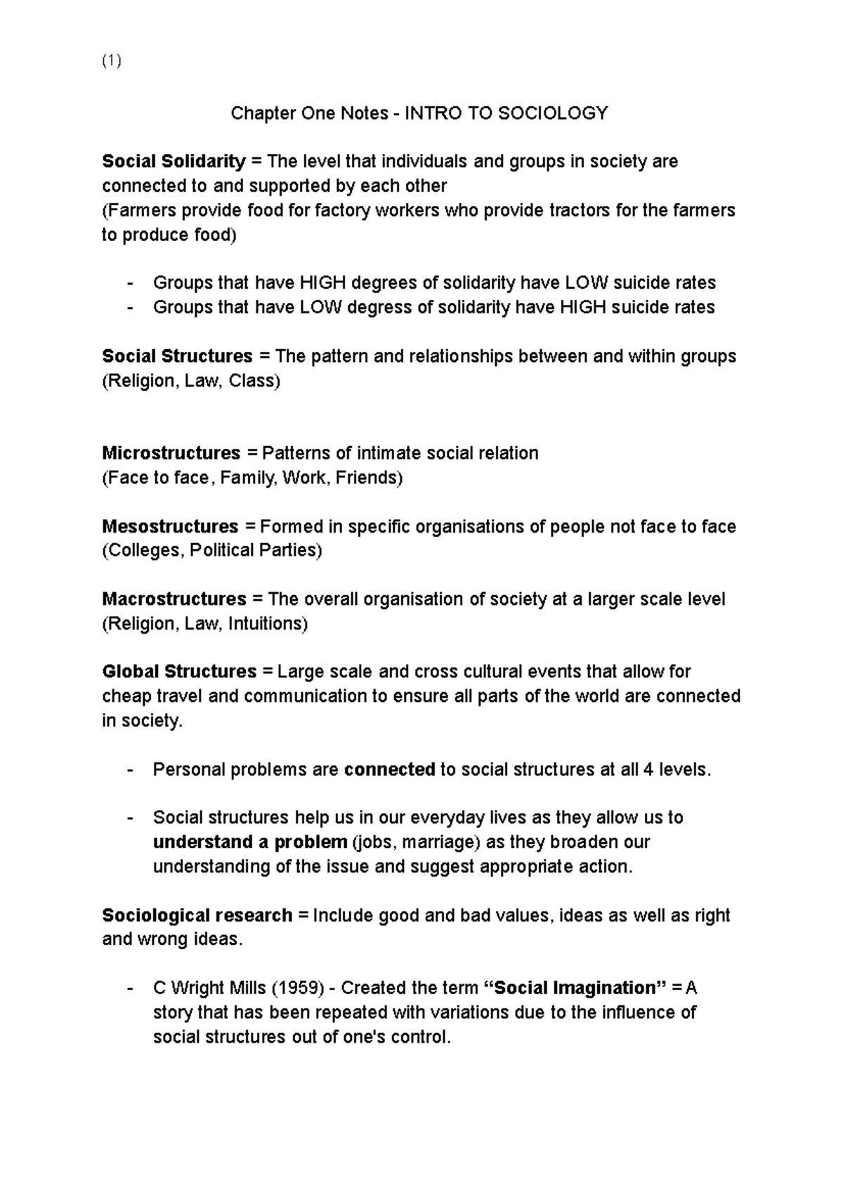 Chapter 1 - Intro to Sociology - Chapter One Notes - INTRO TO SOCIOLOGY ...