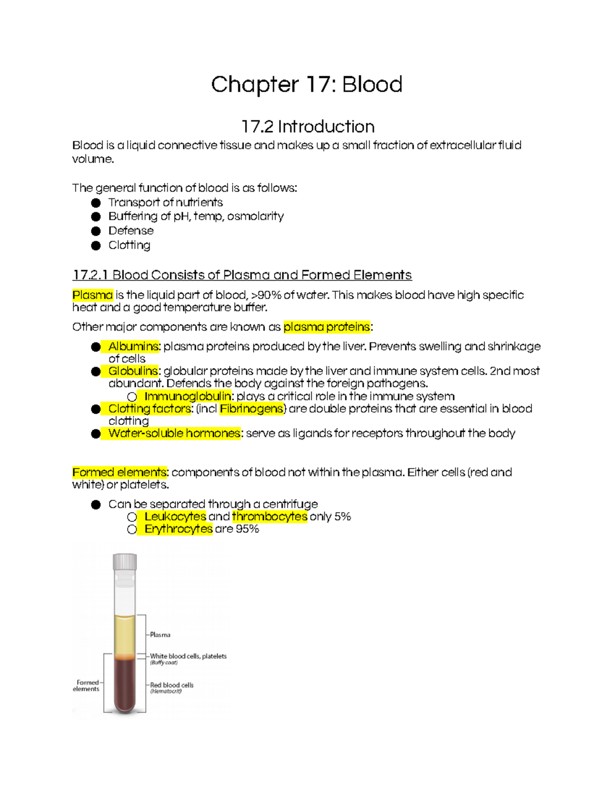 Chapter 17: Blood Textbook Notes - Chapter 17: Blood 17 Introduction ...