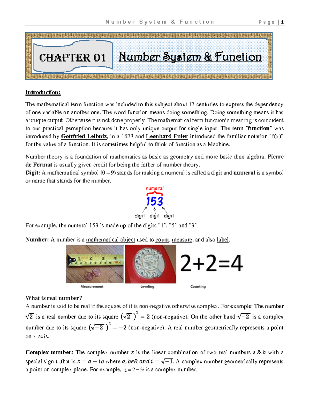 Chapter 01 (Number System and Function) N u m b e r S y s t e m & F u