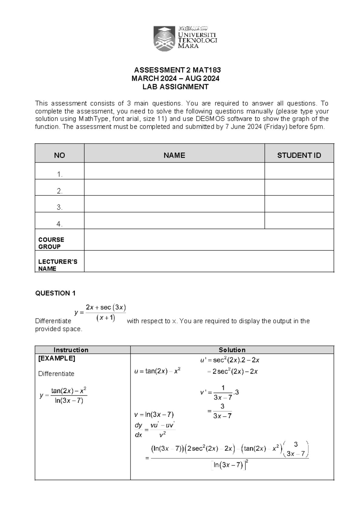 Mat183 assessment 2 ASSESSMENT 2 MAT MARCH 2024 AUG 2024 LAB