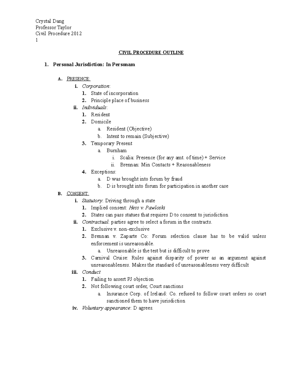 Civil Procedure Calie Outline - Professor Taylor Civil Procedure 2012 1 ...