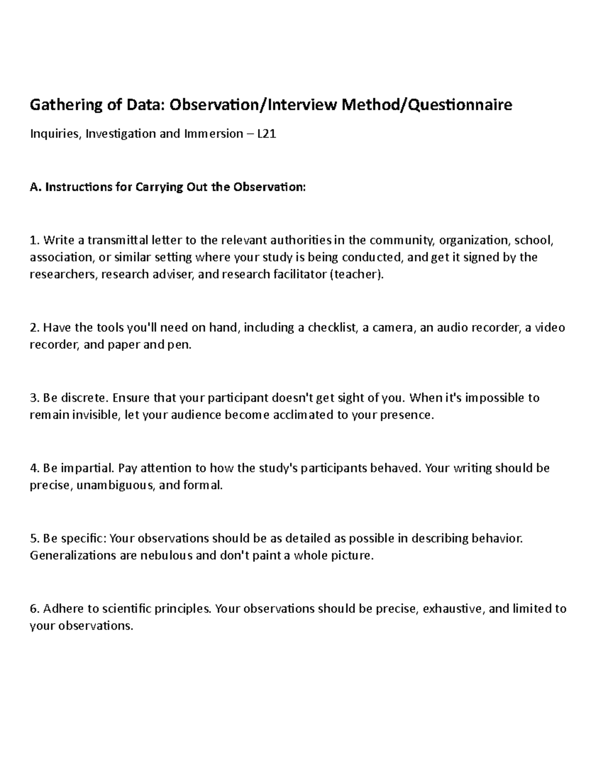 Immersion 21 Lecture notes Gathering of Data Observation