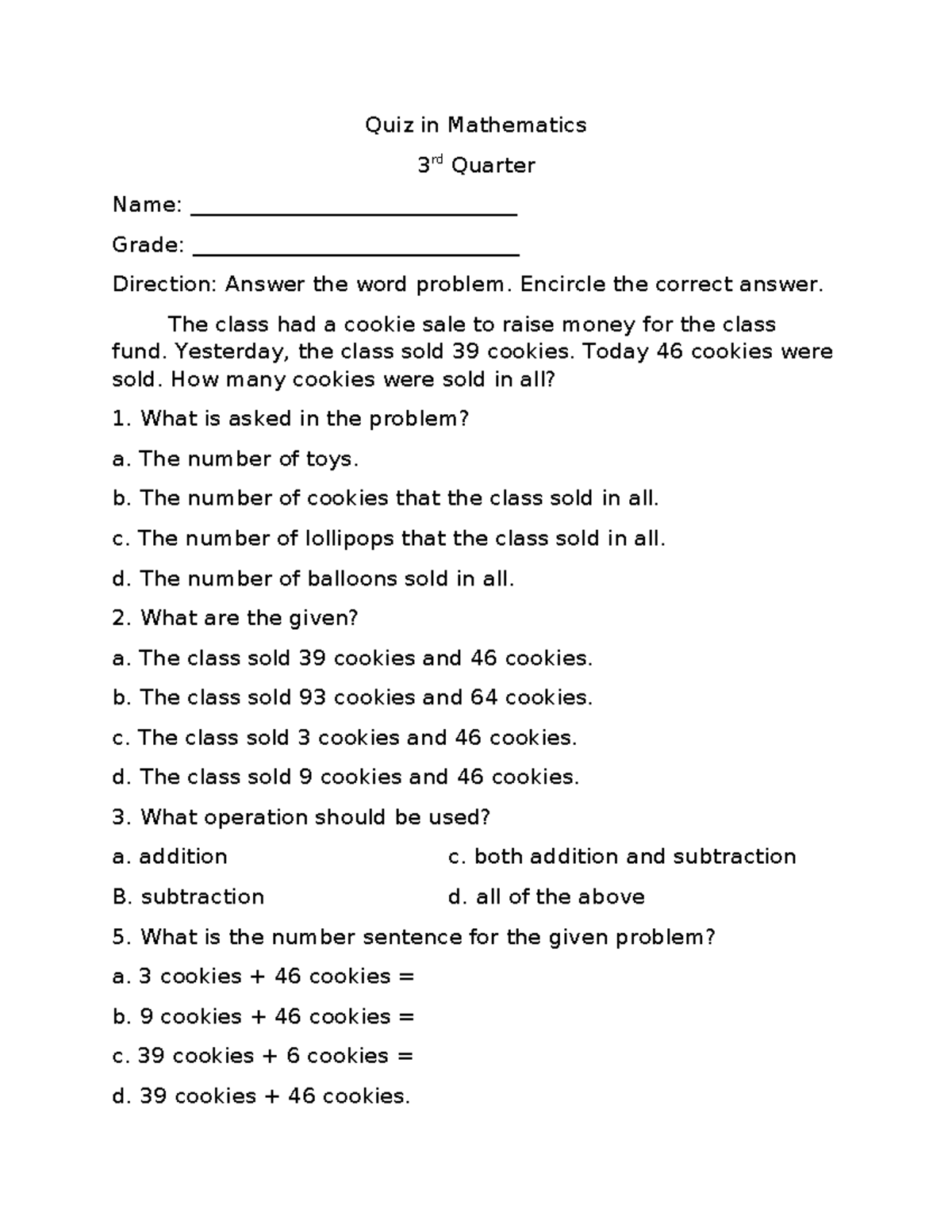 Q3 Quiz Mental Addition and Solving word problems - Quiz in Mathematics ...