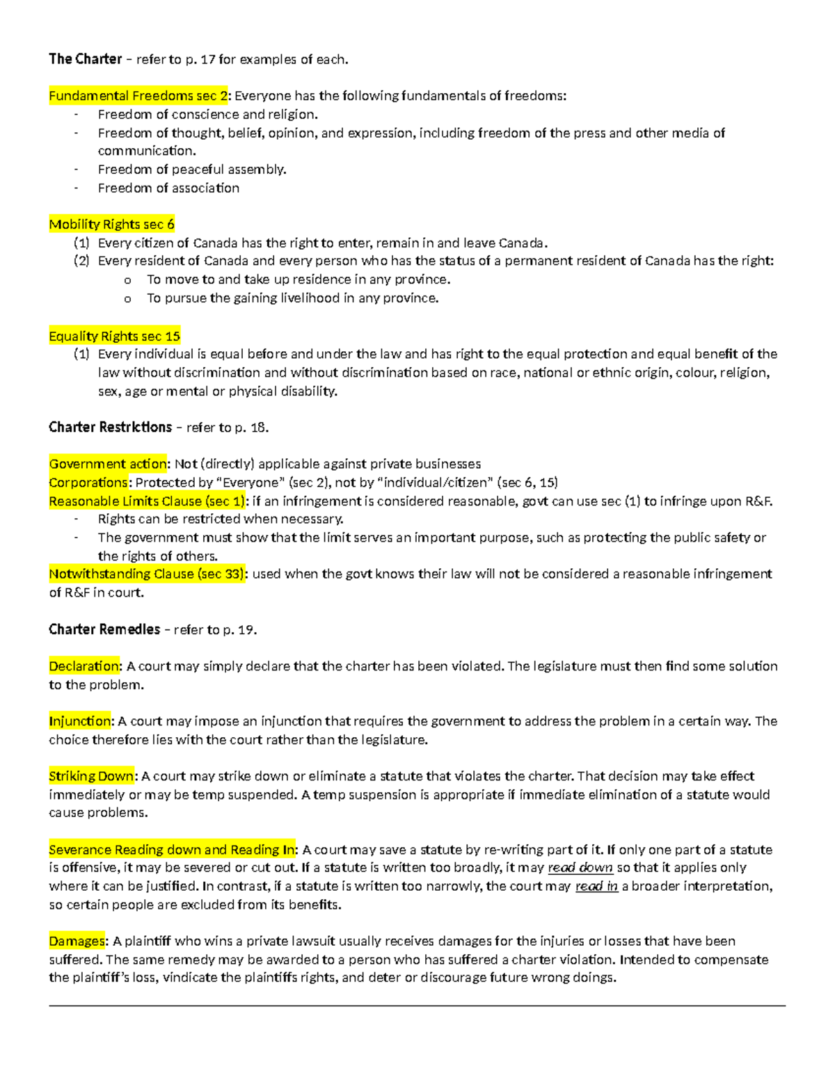 Midterm rev - law notes - The Charter – refer to p. 17 for examples of ...