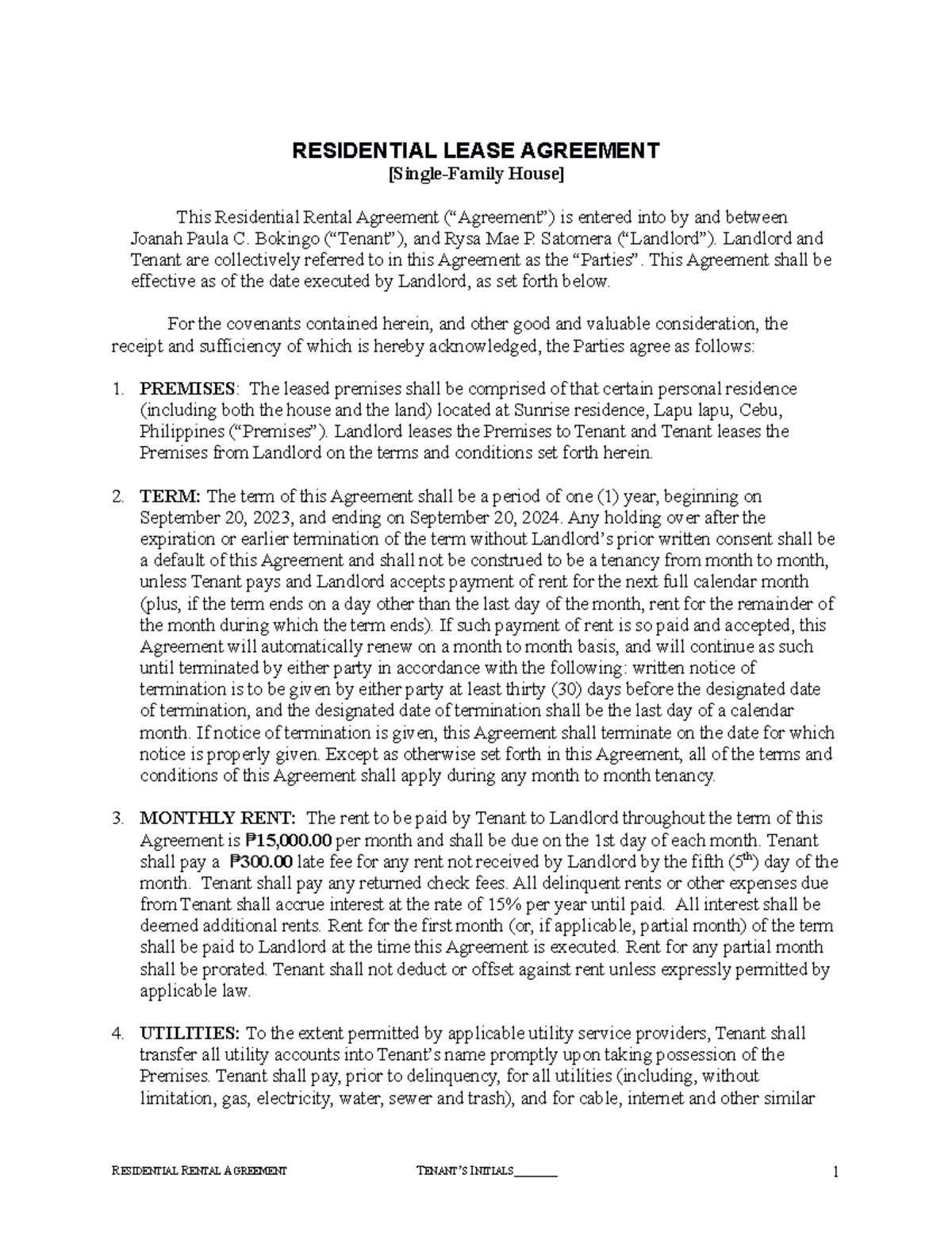 Oblicon contract - RESIDENTIAL LEASE AGREEMENT [Single-Family House ...