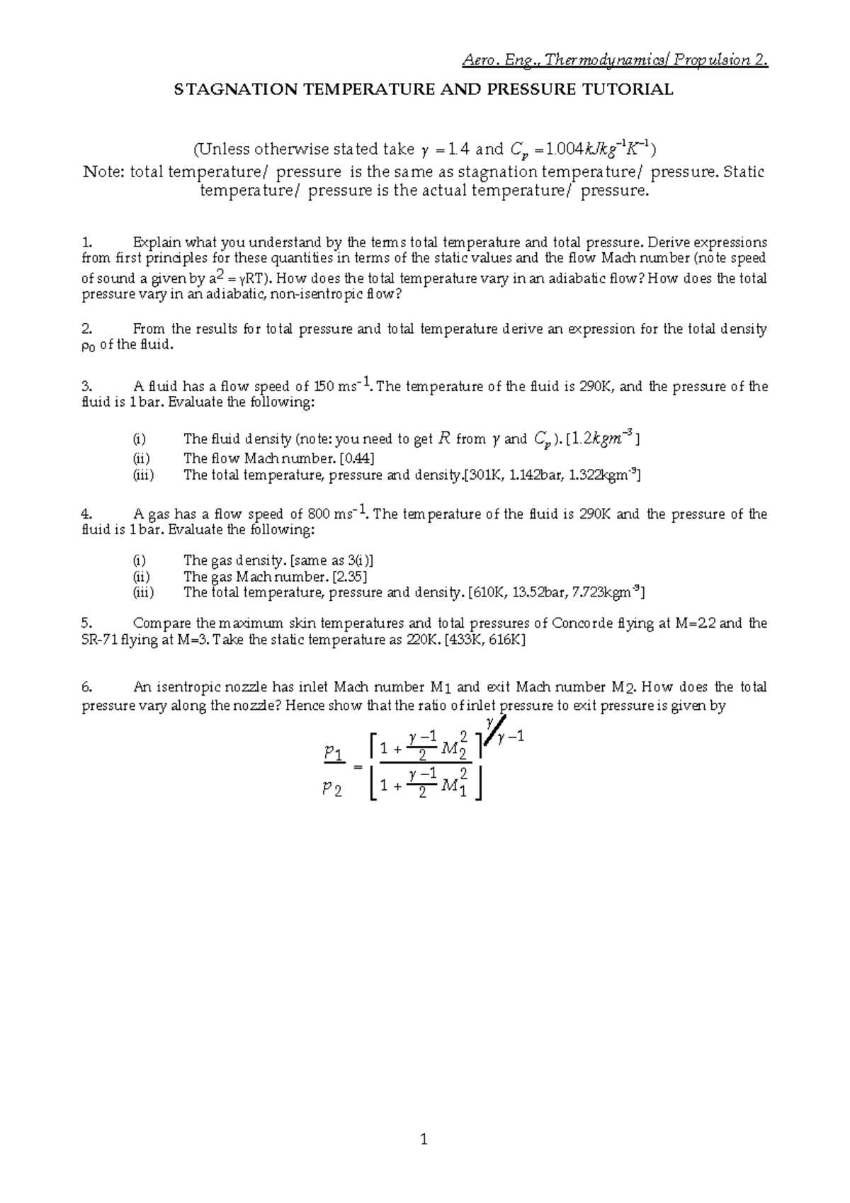 1 stagnation states tutorial Aero. Eng., Thermodynamics/ Propulsion 2