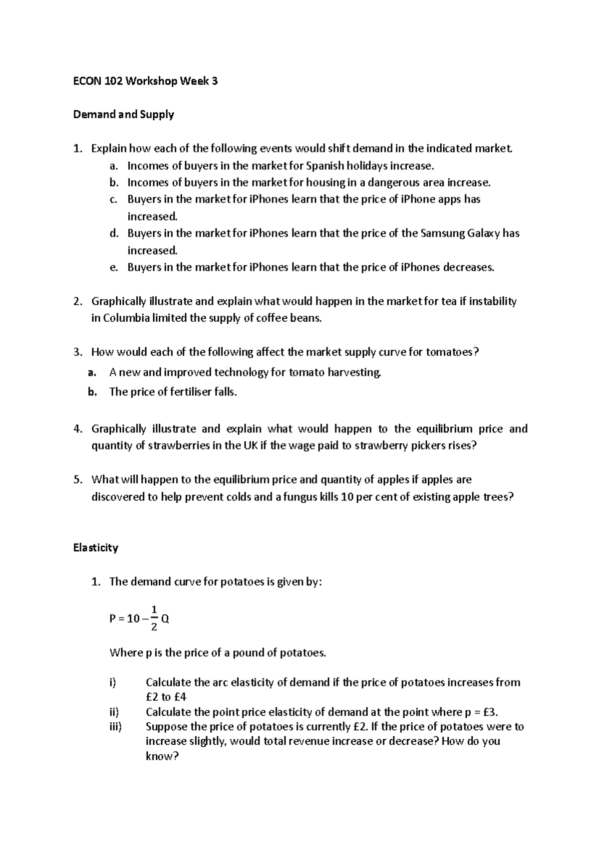 Week 3 Workshop questions - ECON 102 Workshop Week 3 Demand and Supply ...