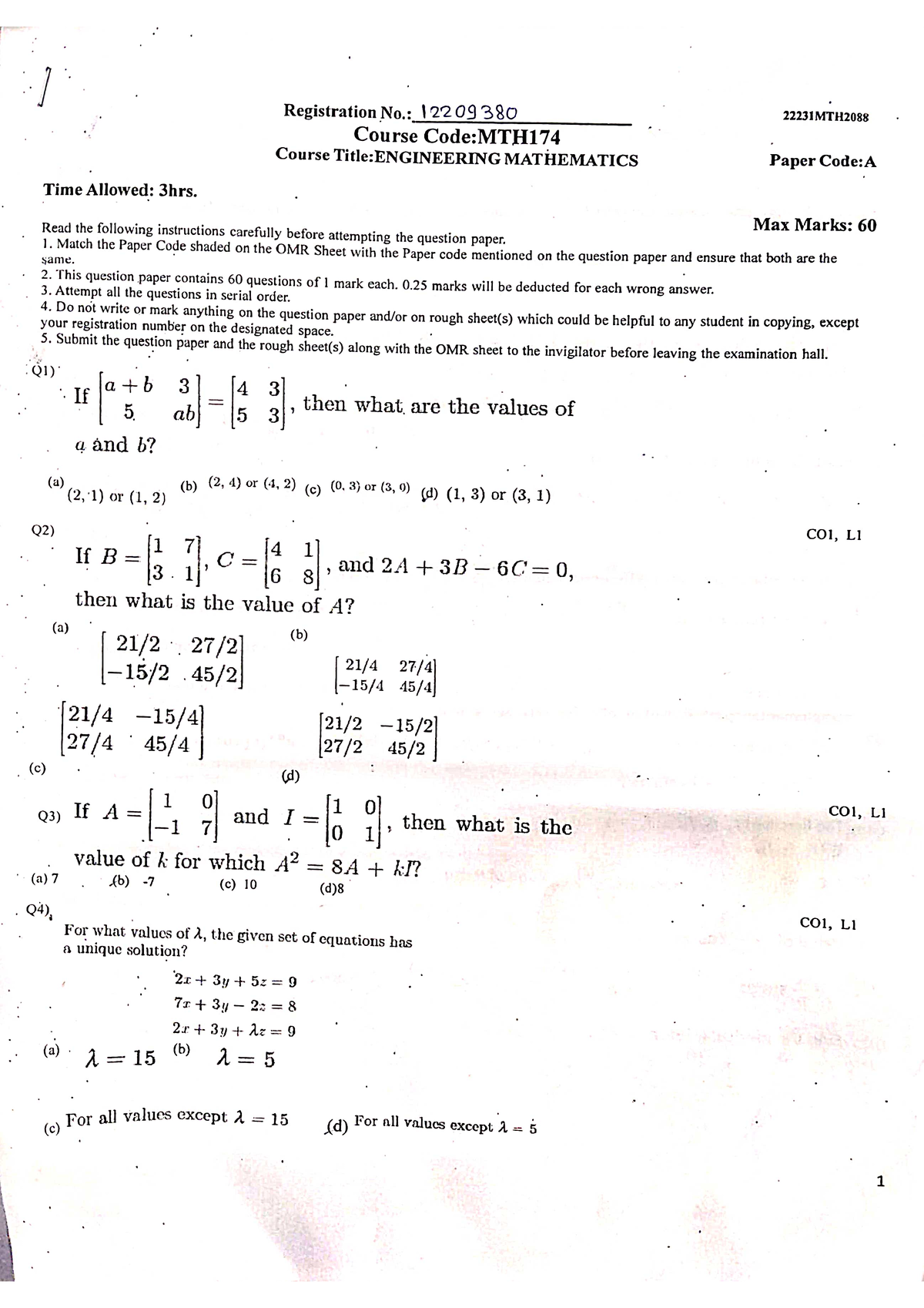 Math174 sample paper - Engineering math questions - Engineering ...