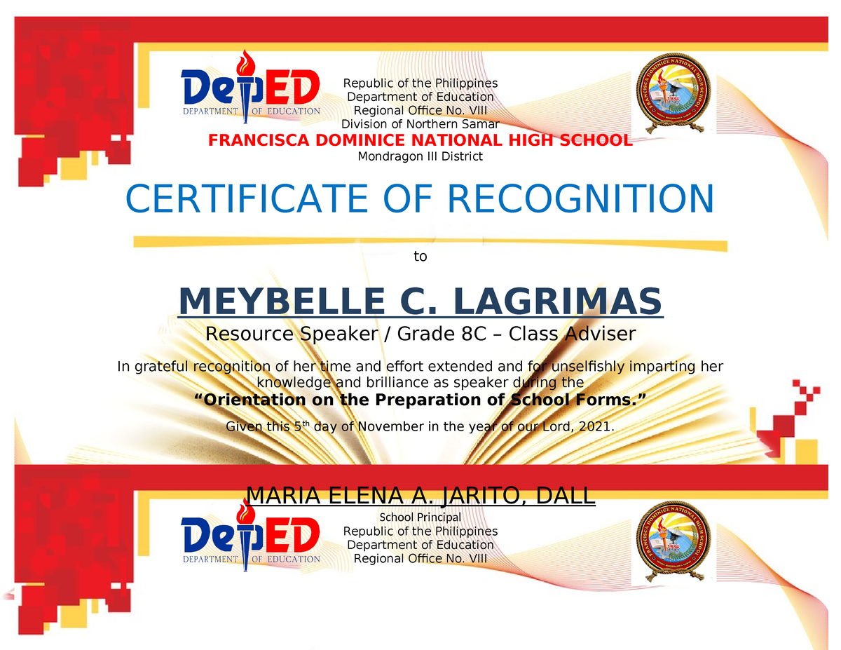Certificate for grade 8 orientation - Republic of the Philippines ...