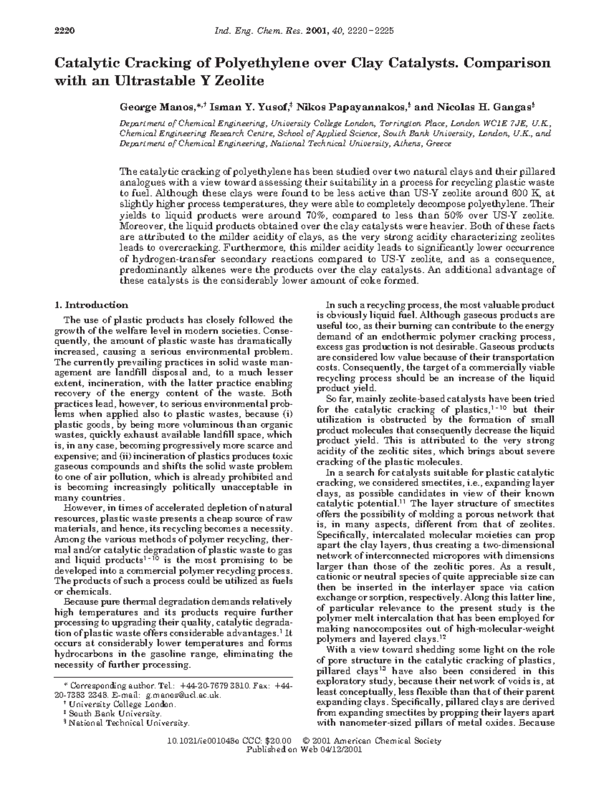Clay and USY Pyrolysis - Catalytic Cracking of Polyethylene over Clay ...
