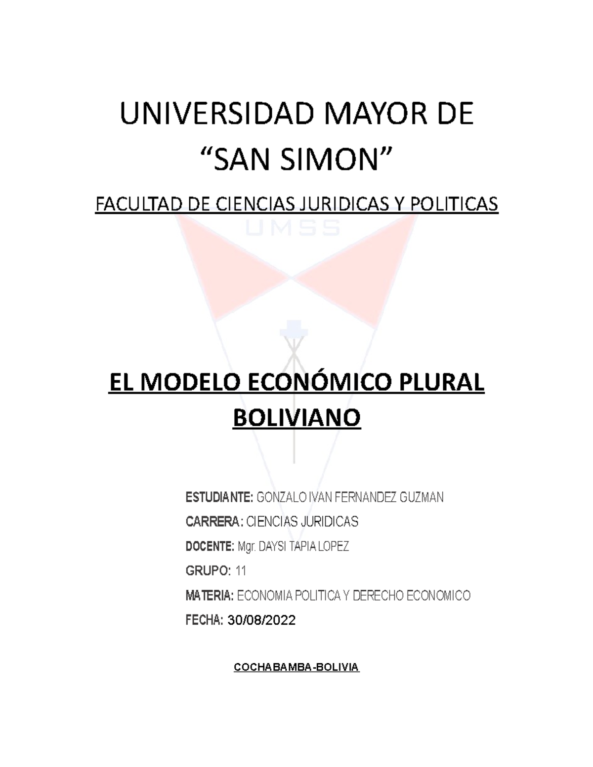 EL Modelo Económico Plural Boliviano - UNIVERSIDAD MAYOR DE “SAN SIMON ...