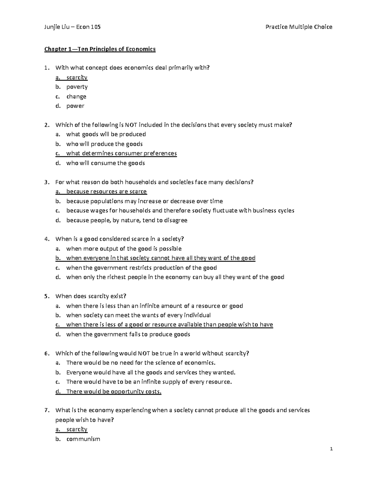 Practice Multiple Choice Chapter 1 Ten P - Chapter 1—Ten Principles of ...