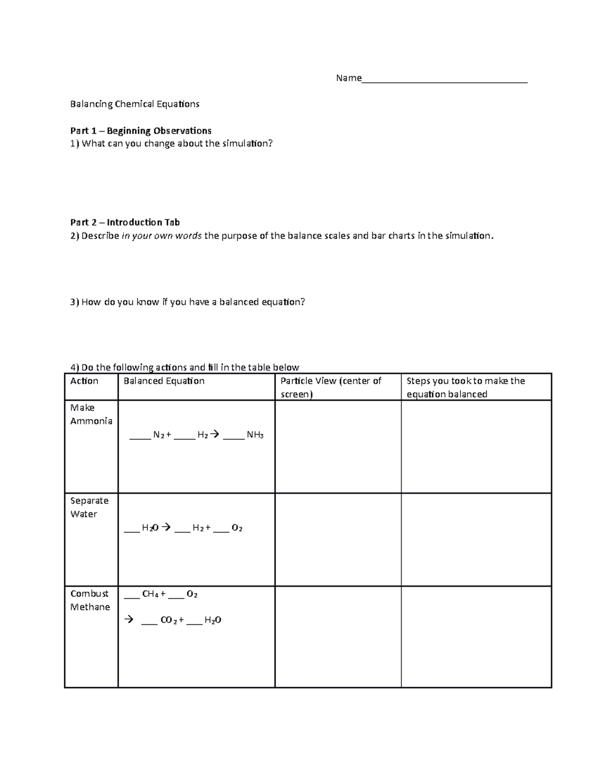 Balancing Chemical Equations Student - Name ...