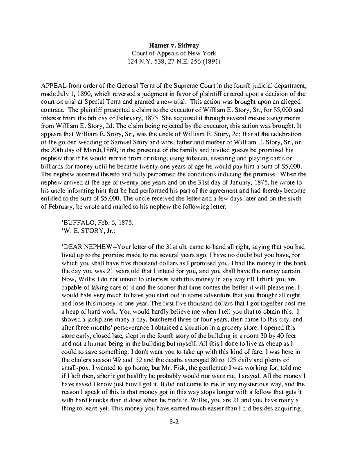Hamer v. Sidway Anderson Fall 2022 Hamer v. Sidway Court of Appeals