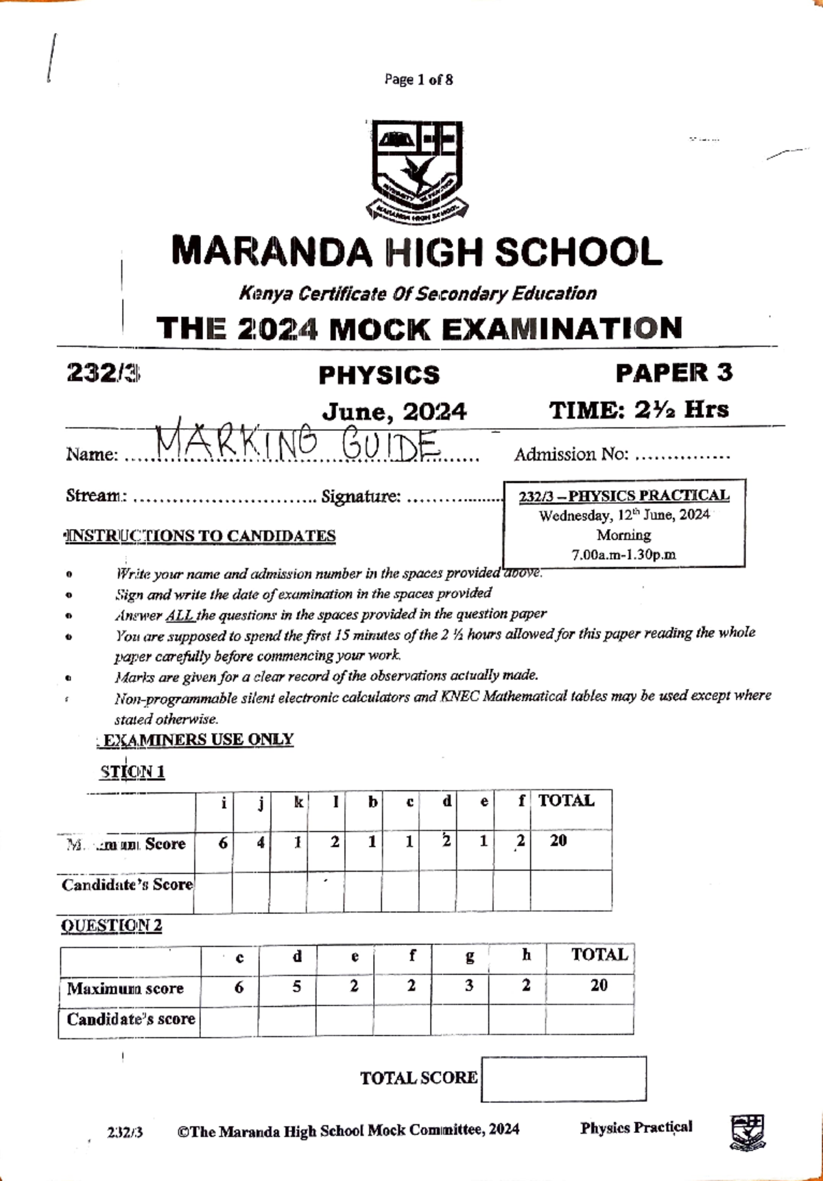 Mock 2024 Paper 3 - 232/ Name: Stream.: MARANDA HIGH SCHOOL THE 2024 ...
