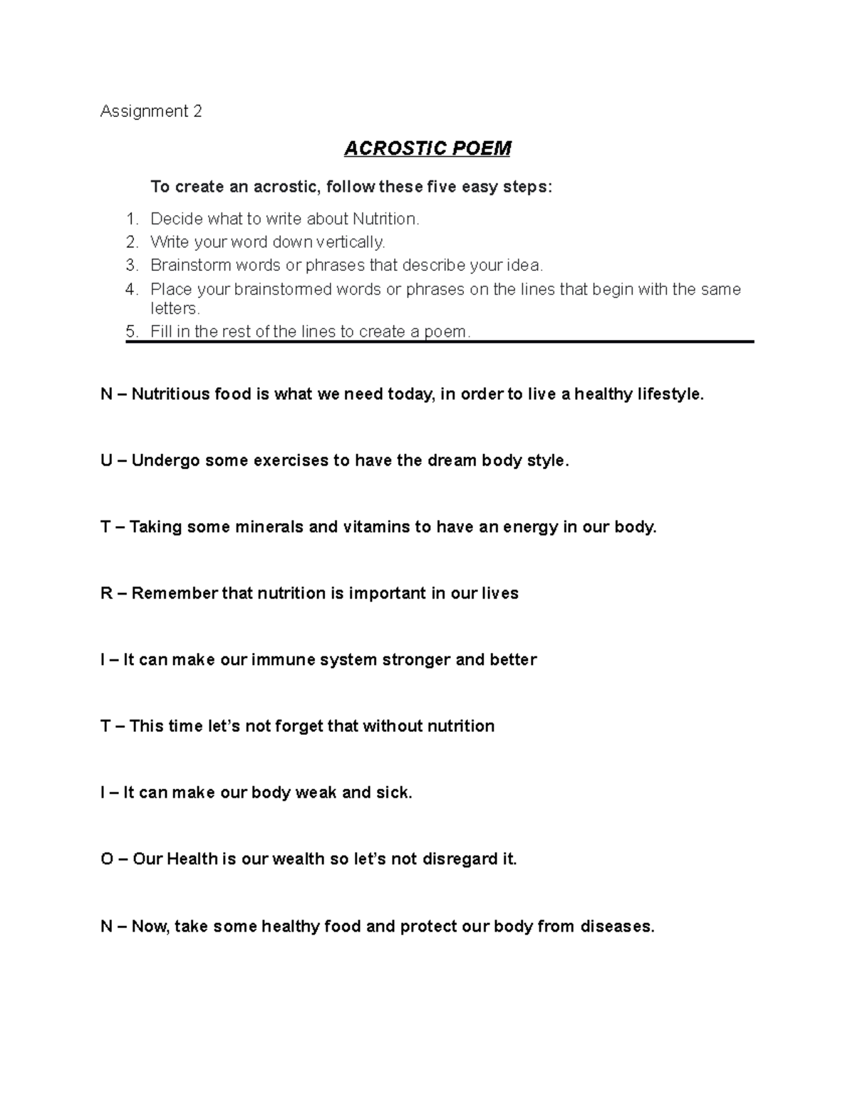 Acrostoc POEM for school purposes only Assignment 2 ACROSTIC POEM